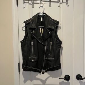 Topshop Black Leather Biker Gilet / Sleeveless Jacket